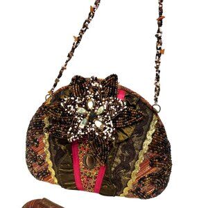 Vintage Beaded Evening Bag Jeweled Flower Brown Gold Brocade Shoulder Purse